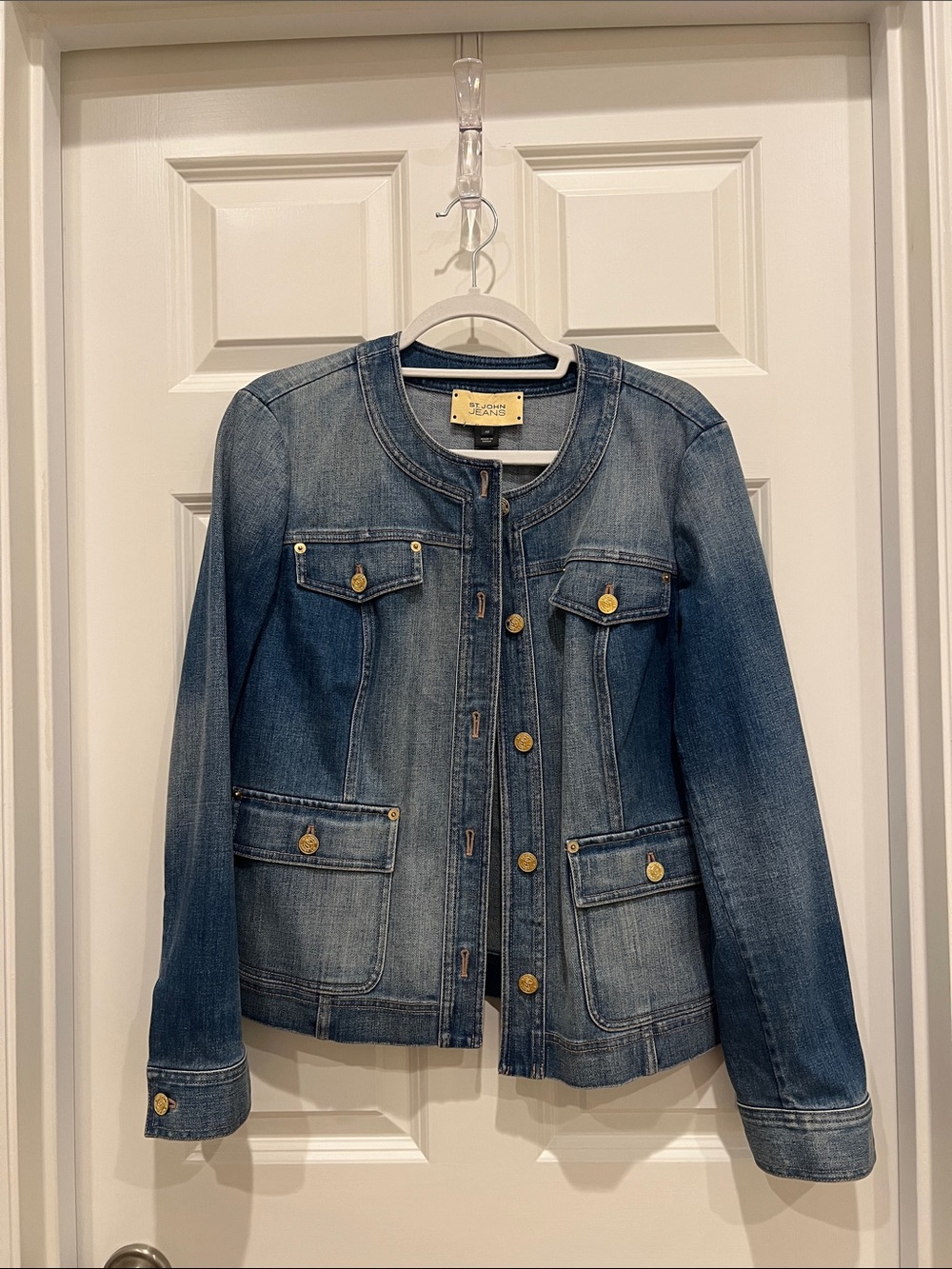 St. John Collarless Denim Jacket in Light Blue